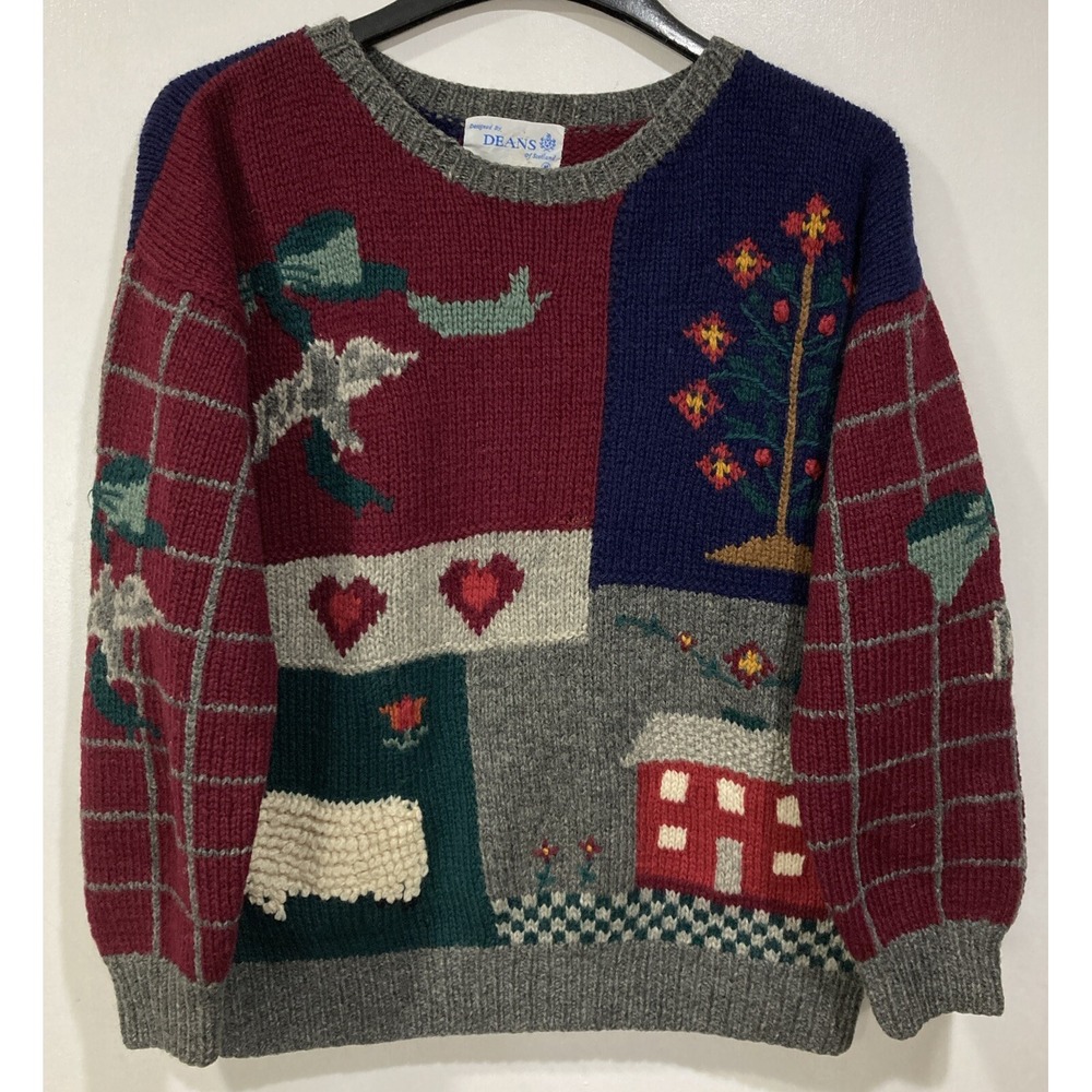 VTG‎ Dean's of Scotland Patchwork Sweater Medium Sheep Apples Heart Cottage Knit